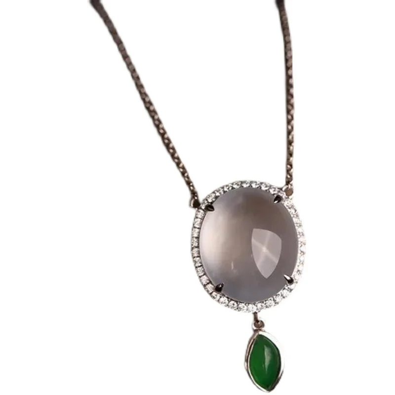 

Myanmar High Quality Ice Jadeite Jade Chalcedony Egg Noodle Pendant Necklace S925 Sterling Silver Gold Inlaid Diamond Female