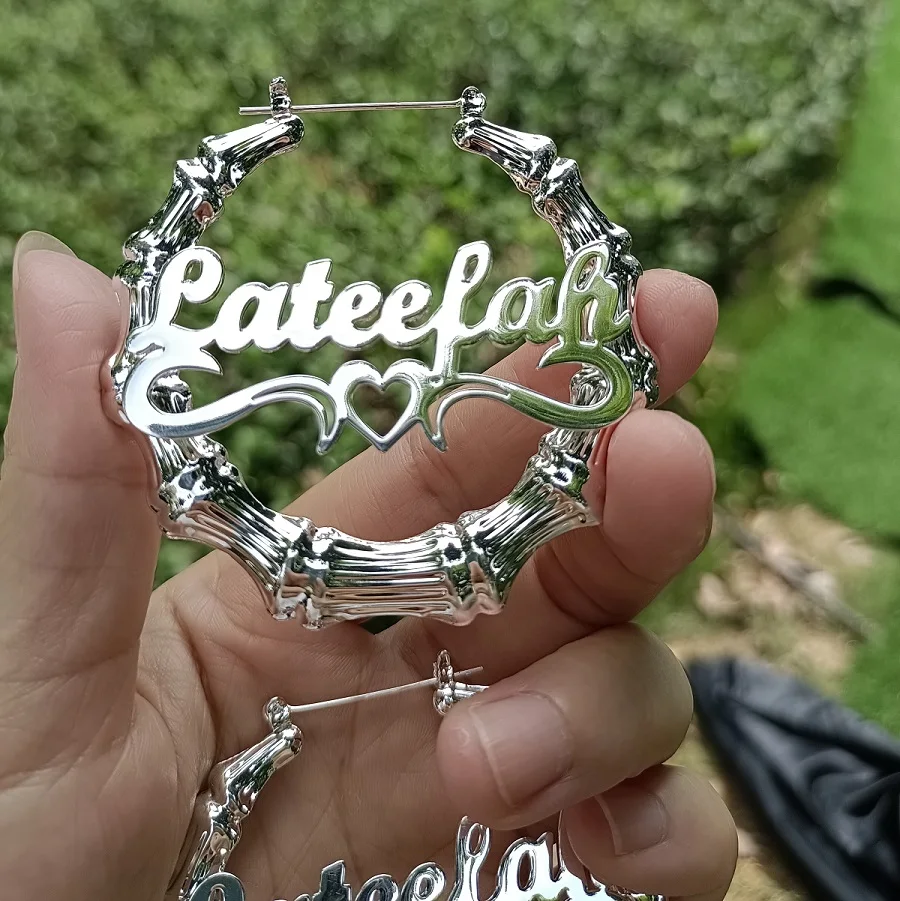Large Bamboo Earrings Party Name Earrings Personalized Bamboo Heart Hoop Earring Brincos Customize Name Earring Polplar Cережки