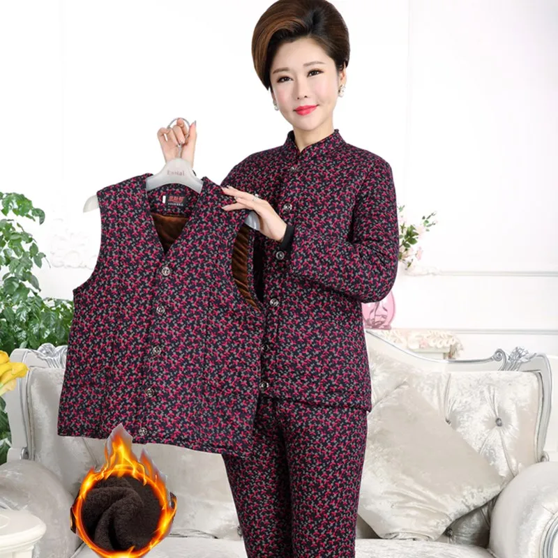 

Autumn Winter Middle age clothing Long sleeve Ladies set Thicken Cotton clothing suit printing Three-piece suit Tops + pants 4XL
