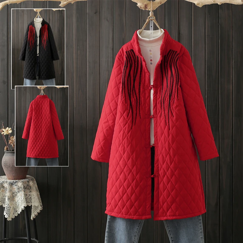 

2021 autumn winter new large size 4xl ethnic style embroidered disc button mid-length quilted cotton coat women s403