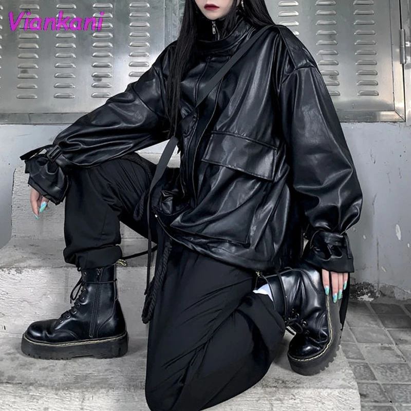 Women Leather Jacket Autumn Vintage Motorcycle Zipper Black Overcoat Female Winter High Street Streetwear Y2k Jackets 2022 Ho