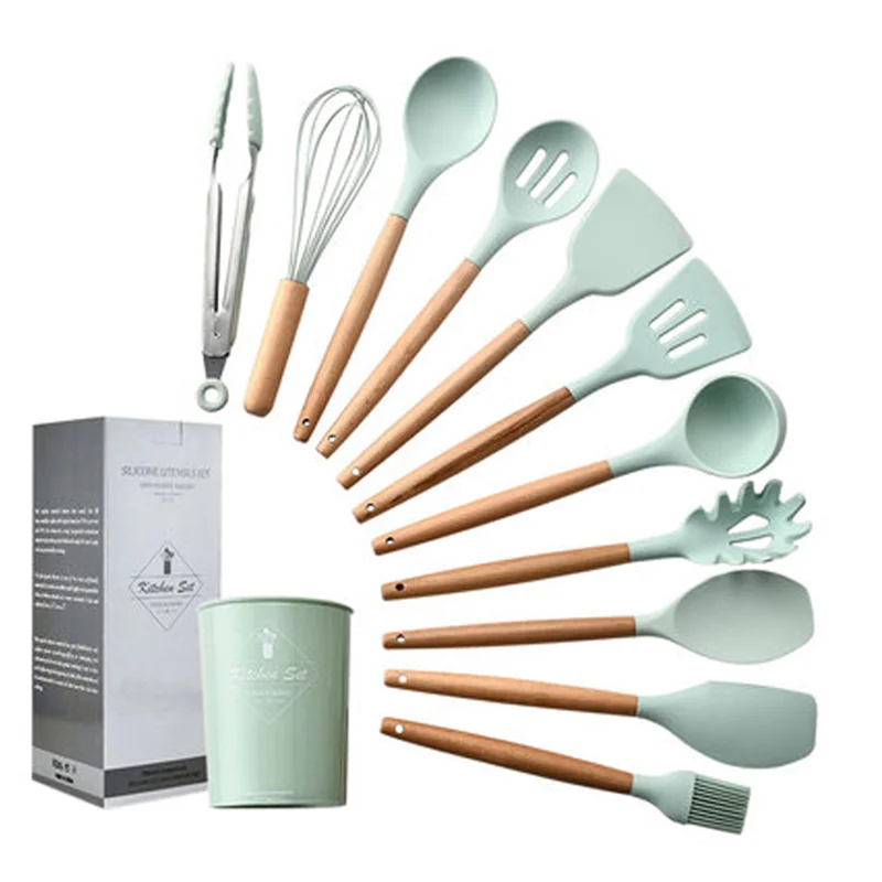 

9/10/12PCS Silicone Cooking Utensils Set Non-stick Spatula Shovel Wooden Handle Cooking Tools Set With Storage Box Kitchen Tools