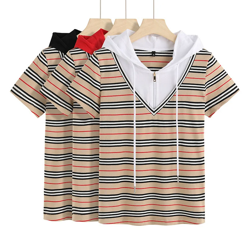 

Stripe control hooded fake two short sleeve T-shirt fashion niche design women's new versatile 6922