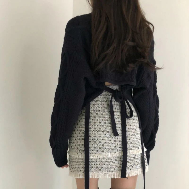 

Cropped Pullovers Women Solid V-neck Designer Lace Up Harajuku Loose Streetwear Sweaters Female Slouchy High Quality Hot Selling