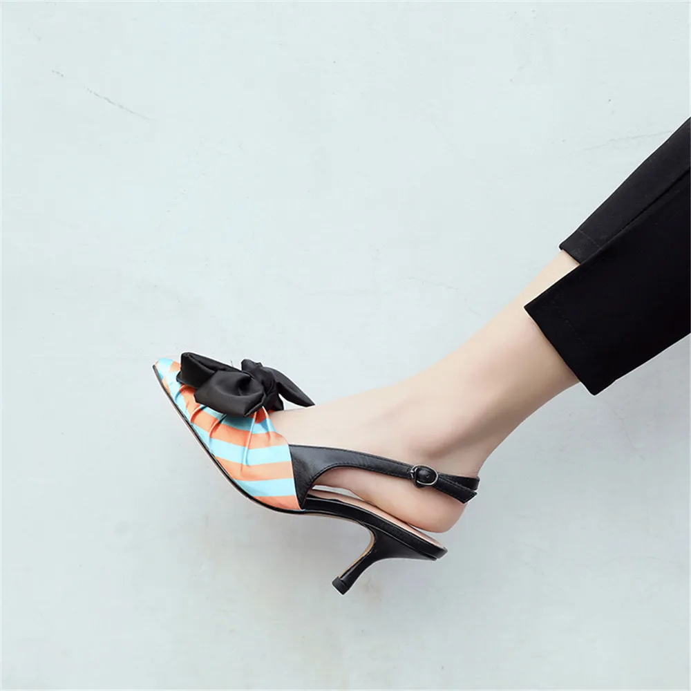 

Aiyoway Sweet Bowknot Striped Slingback Pointed Toe Thin High Heels Summer Buckle Strap Shallow Party Wedding Casual Shoes