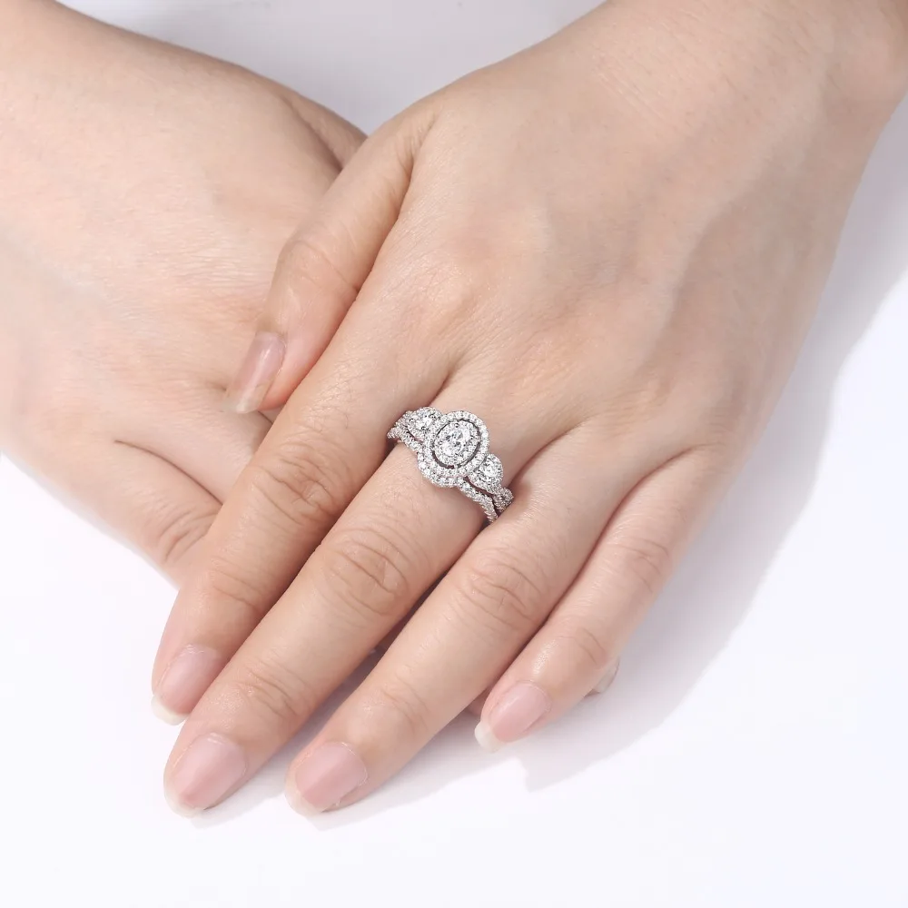 Wuziwen Halo Oval Round Cut AAA Zircon 925 Sterling Silver Wedding Ring Set For Women Engagement Promise Rings Jewelry