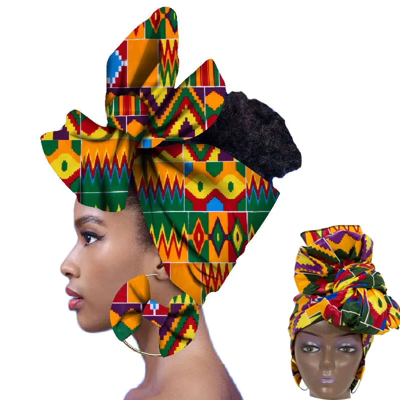 

2021 модные африканские головные уборы и серьги, Женский Африканский костюм, головной убор, воск, Анкара, повязка на голову, Durag, тюрбан для женщин