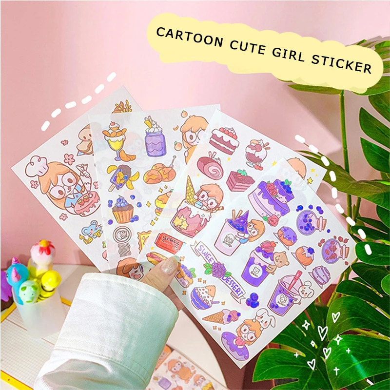

4sheets Cartoon Girl Cute Stickers Bag Labels Sealing Paster Hand Account Mobile Phone Water Cup Decorative Sticker Stationery