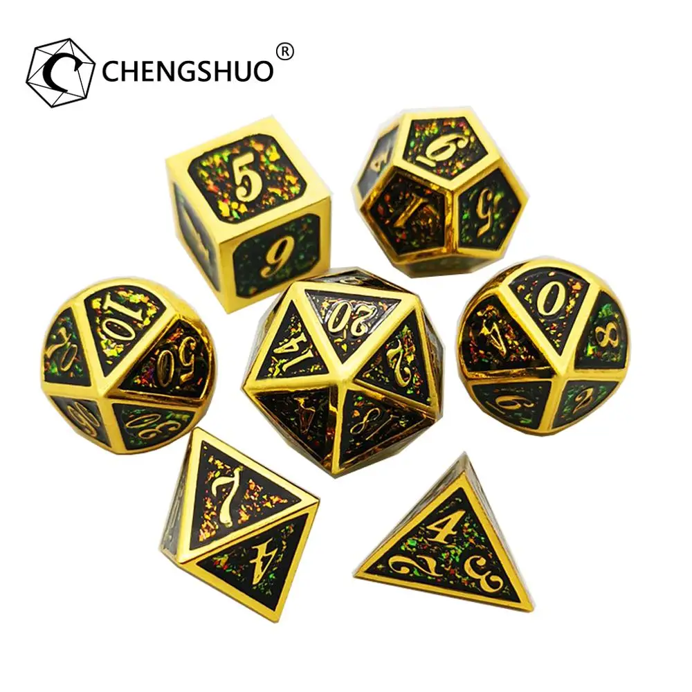 

Chengshuo starlight metal dice dnd dice set for Role-playing board games.Used for DND,COC.Zinc alloy black d&d dice 7pcs.D20 12