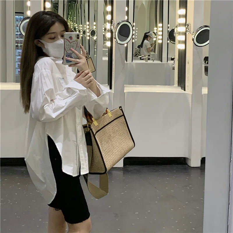 Модная женская рубашка с Боковым Разрезом и длинным рукавом | Женская одежда