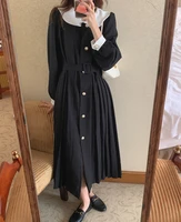 2022 autumn harajuku feminine elegant collar single breasted dress long spring long sleeve dress pleated lady fashion dresses