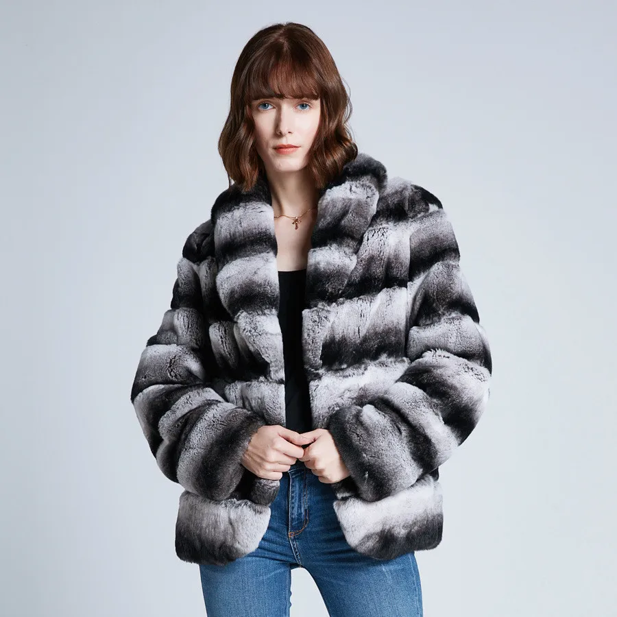 

Real Rex Rabbit Fur Coats Women New Fashion Turn-down Collar Natural Fur Overcoats Chinchilla Rabbit Jackets Warm Thick Clothing