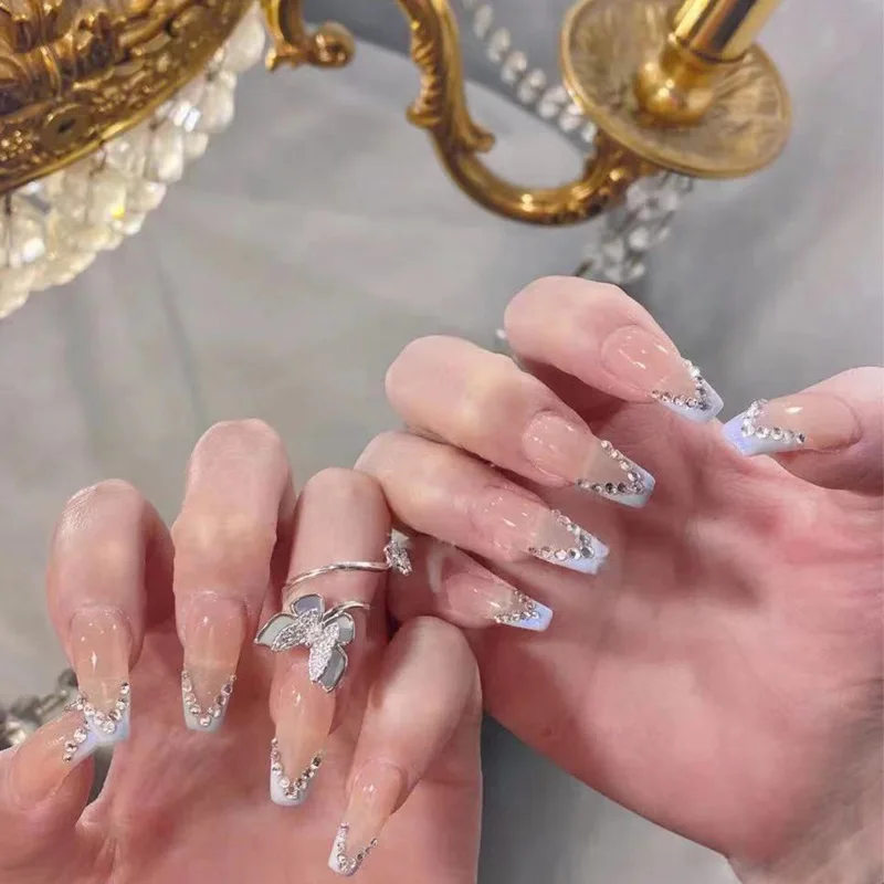 

Finished Nail Art Light Purple Full Diamond French Wear Long Ballet Nail Patch Removable Nails Cross-border Patch