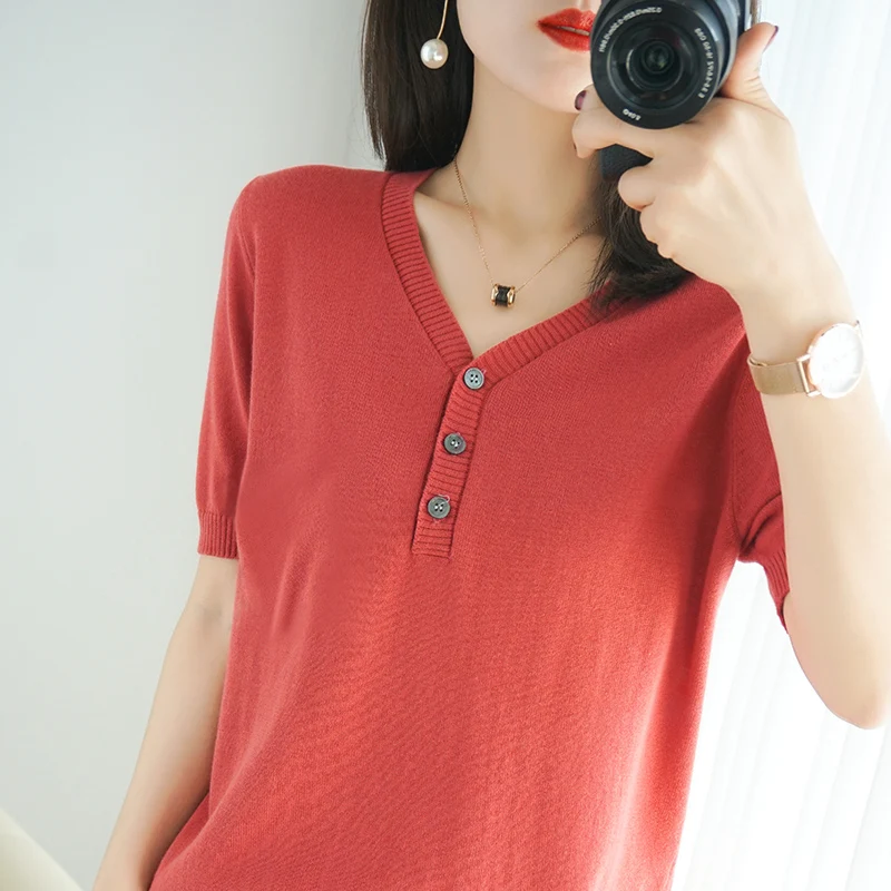 

New 100% cotton T-shirt in summer women's V-neck Pullover solid half sleeve top Korean loose slim T-shirt