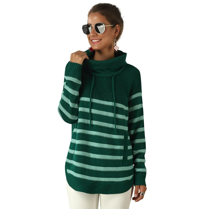 

Popular European and American High Neck Sweater Women's Autumn / Winter 2020 Women's Striped Long Sleeve Knitwear