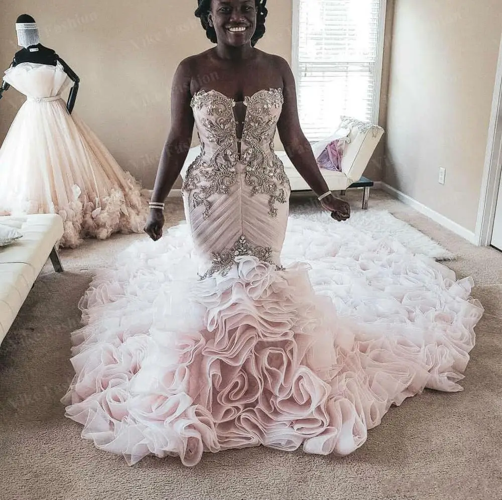 

African Plus Size Mermaid Wedding Dresses Beads Appliqued Tiered Ruffle Trumpet Bridal Gowns Custom Made Wedding Dresses