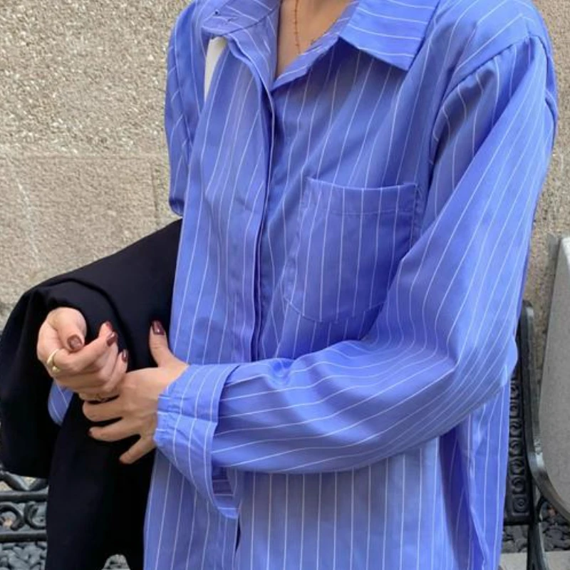 

Shirt Women Spring Striped Oversize Vintage Pockets Elegant Long Sleeve Shirts Female Leisure Ulzzang Simple BF All-match Chic