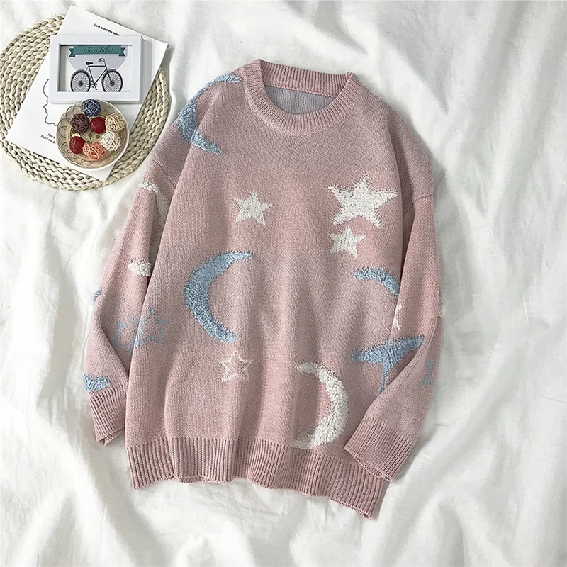 Gaganight Moon Stars корейский Свободный женский свитер с длинным рукавом и круглым