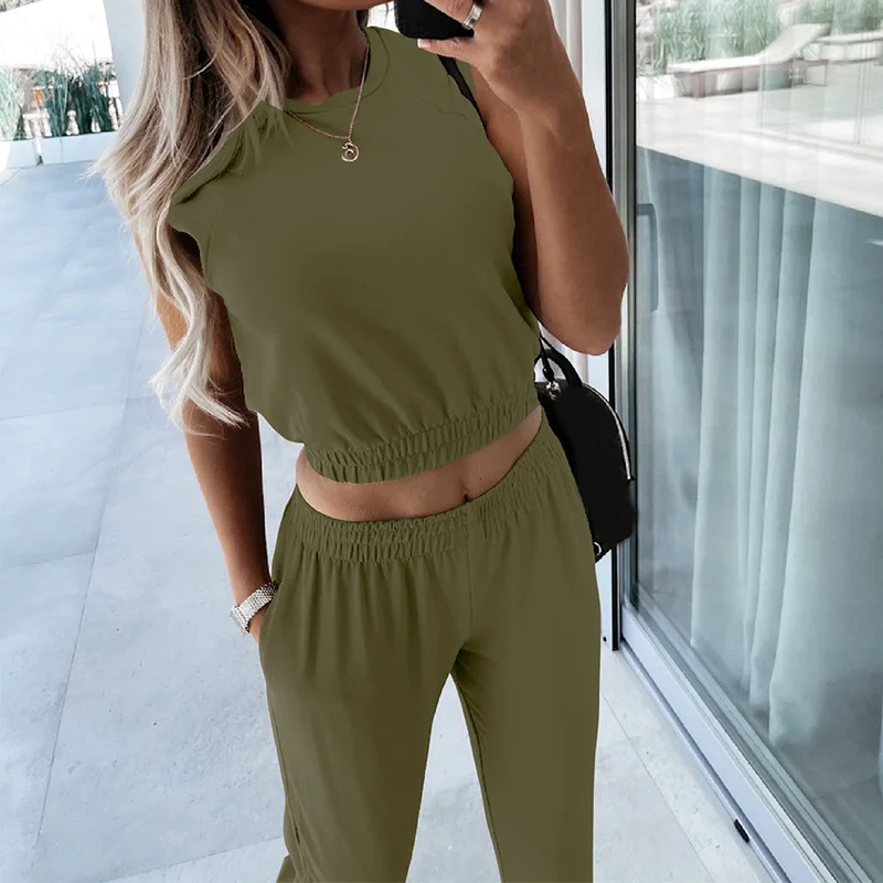 

Women's Cropped Tank Trousers Solid Suits 2021 Summer Sleeveless O-neck Sportpants Two Piece Set Ladies Casual Sport Tracksuits