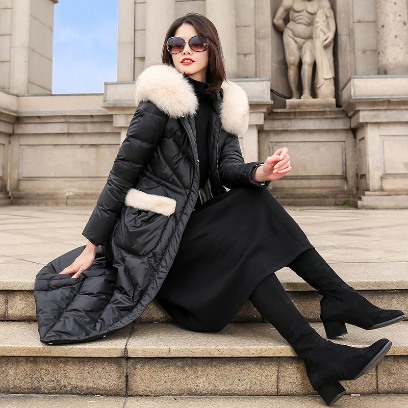 Женское пальто с лисьим мехом винтажный пуховик в Корейском стиле 90% утиного пуха