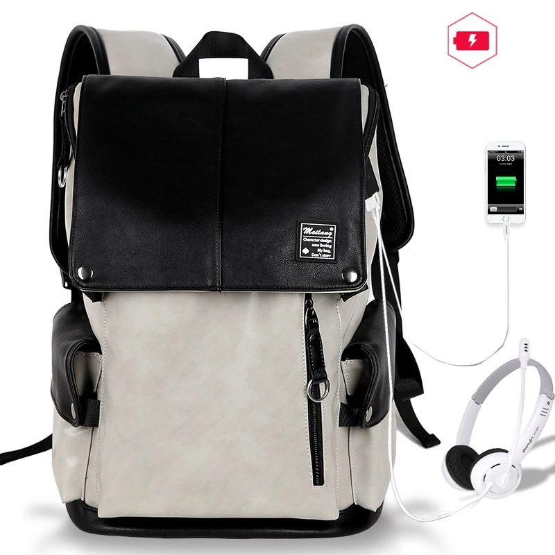 "Водонепроницаемый рюкзак из искусственной кожи для мужчин и женщин, вместительные повседневные школьные ранцы для ноутбука 15,6 дюйма с USB-ра..."