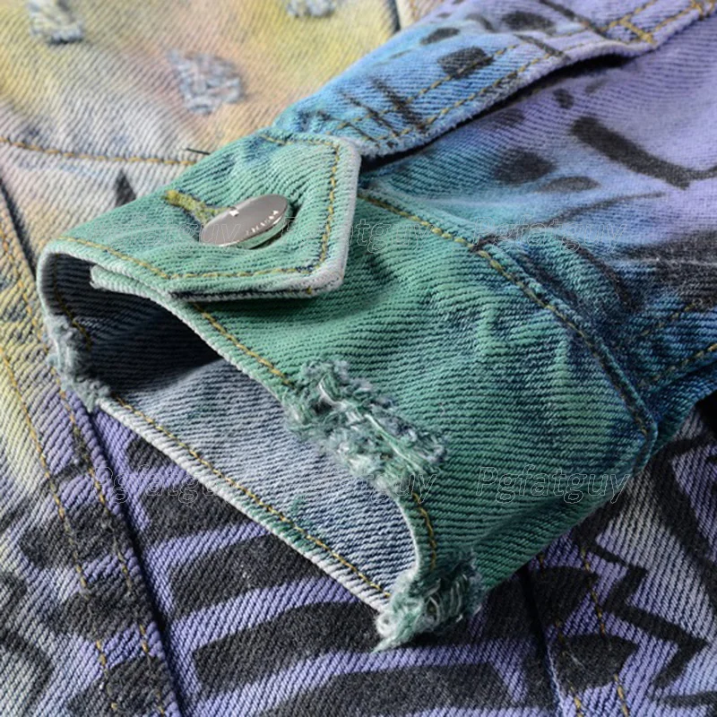 

Men's Colored Painted Coconut Printed Jacket Streetwear Holes Ripped Denim Coat High Quality Brand Graffiti Print Men Jacket