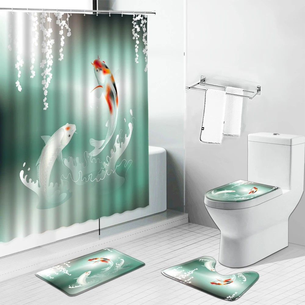 

Chinese Style Koi Fish Scenery Shower Curtains Set Modern Flower Bird Bamboo Landscape Bathroom Decor Bath Mat Toilet Cover Rug