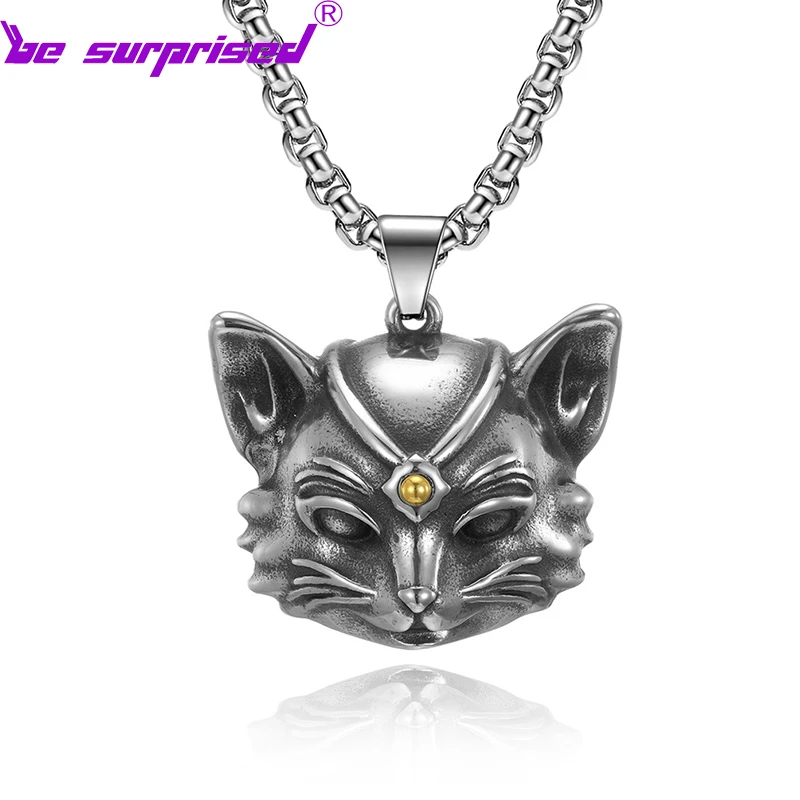

New Punk Retro Wind Chime Cat Titanium Steel Pendant Personalized Pet Cat Head Pendant Necklace Hand Polished 60cmX0.3cm