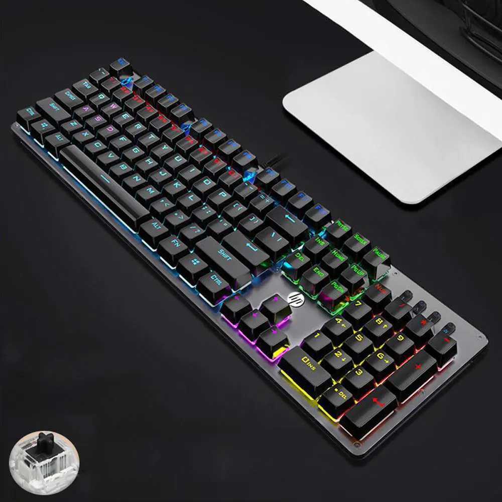 Hp GK100 Механическая игровая клавиатура с подсветкой, синий, красный переключатель, 104 клавиш, металлический цветной светодиодный компьютер с подсветкой, Проводная клавиатура для геймера