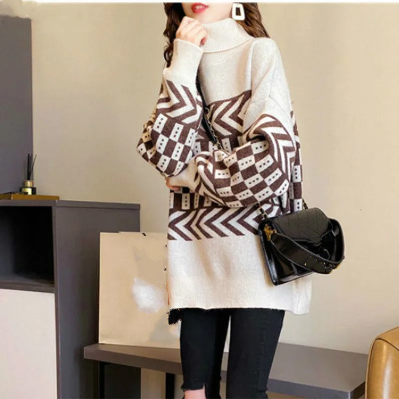

2020 New Thicken Turtleneck Sweater Women Korean Fashion Geometric Plaid Knit Pullover Winter Clothes Oversized Outwear Jumper