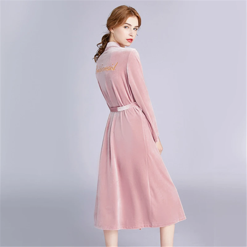 Розовый халат женский золотой бархат Свадебная вышивка невесты кардиган длинное