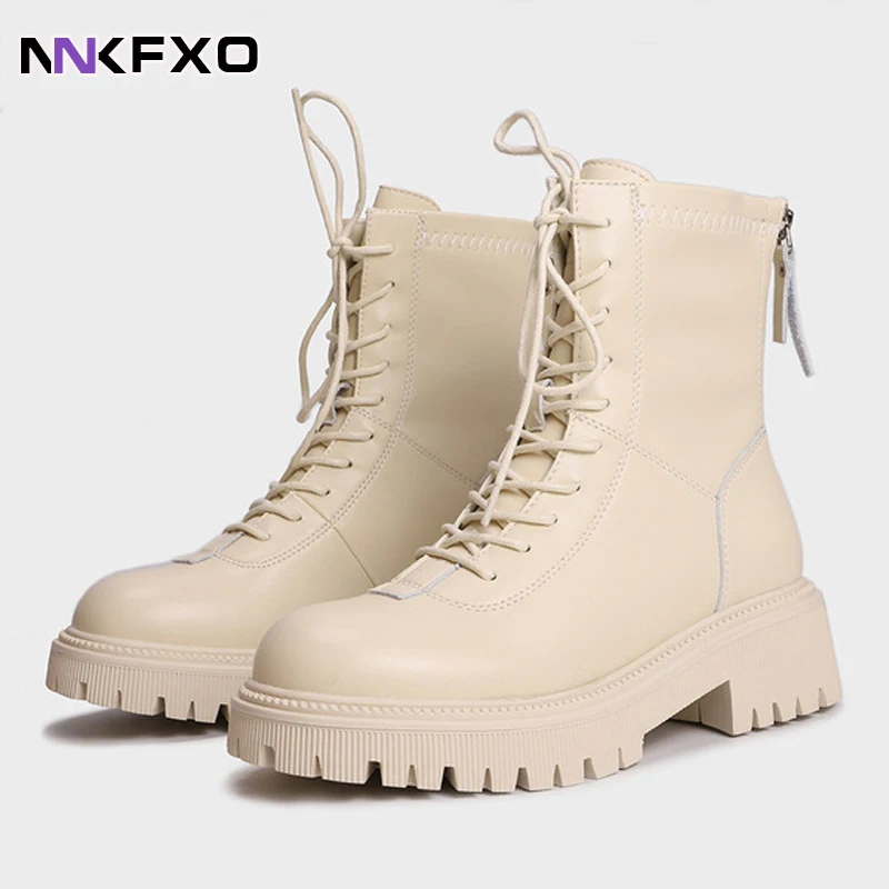 

2021 Woman's Ankle Boots Leather Thick Bottom Platform Fashion Lace Up Shoes Woman Daily Footwear Size 35-40 vc2261