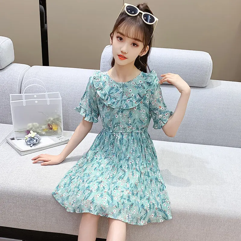 

Summer Pleated Dresses Girls Kids Children Clothing 2021 New Floral Printed Casual Short Sleeve Teenager Chiffon Dress Costume