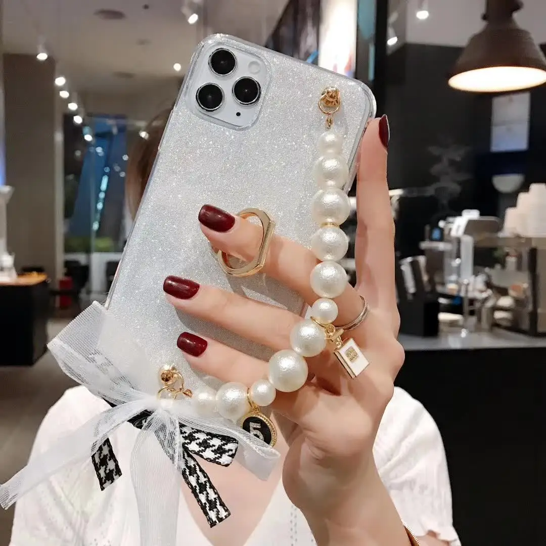 

Signalshin Ring Holder Phone Case For Samsung Galaxy A90 A80 A71 A60 A51 A40 A20 A01 A6 A7 A8 Bow Pearl Bracelet Soft TPU Cover