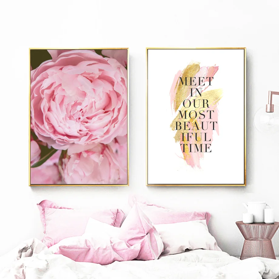 Розовый цветок розы вдохновляющие любовь художественная стена с цитатой холст