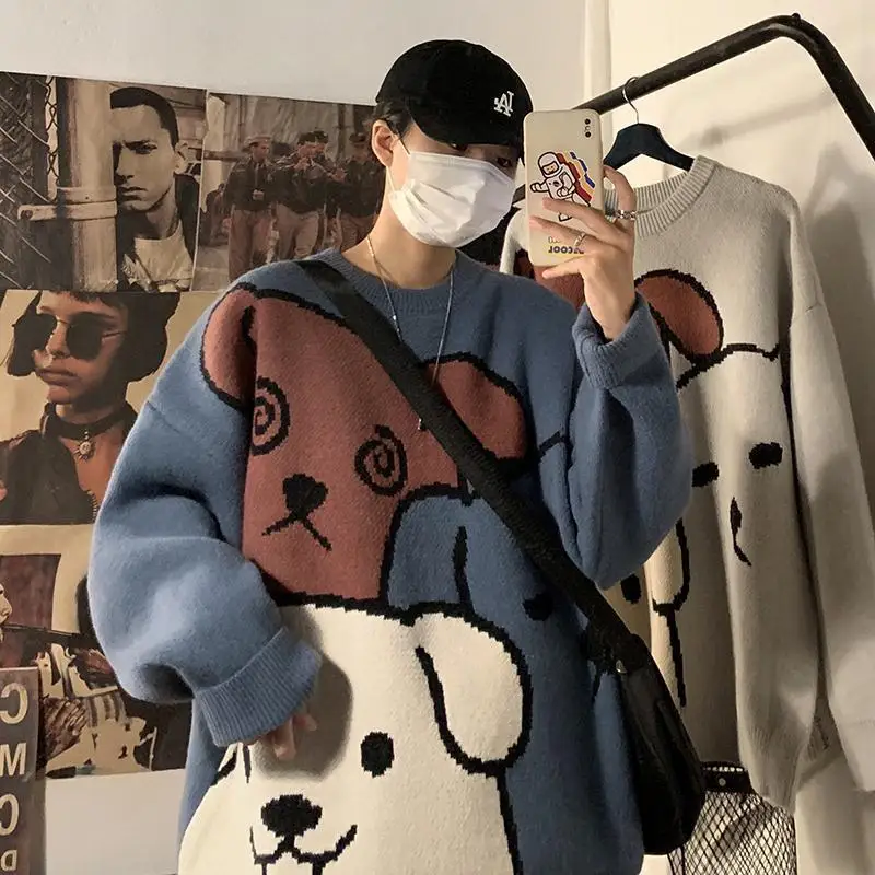 

Sweater men autumn and winter thickening loose Streetwear korean style knit sweaters Fashion trend personalized couple clothes