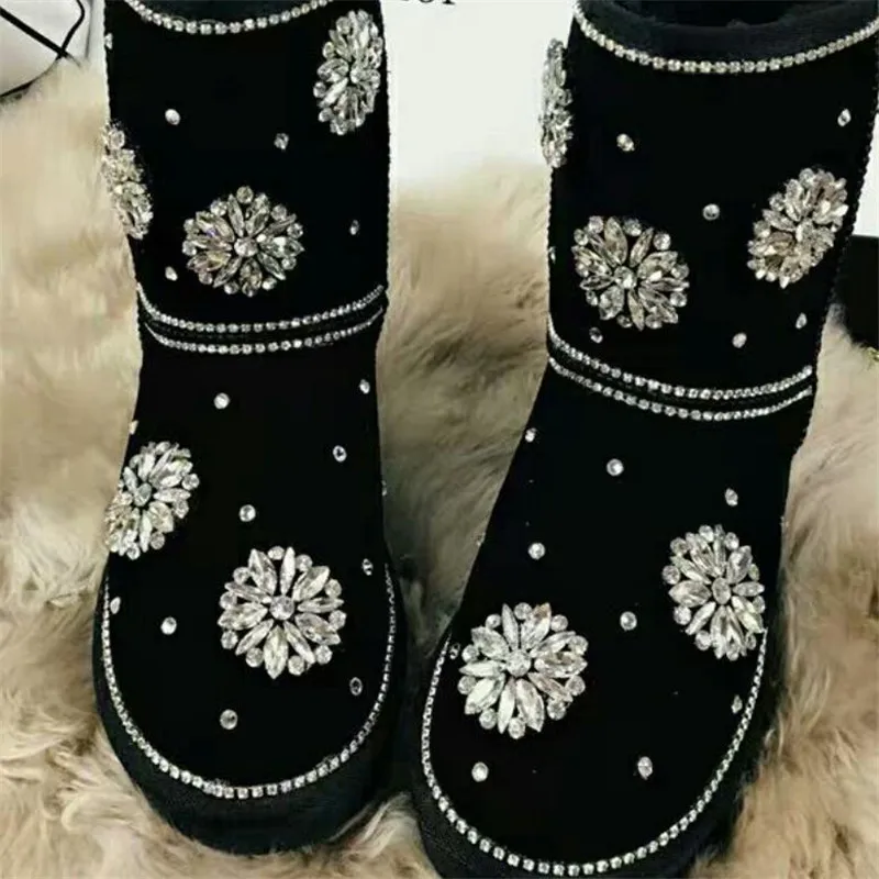 

2020 Winter Genuine Leather Cowhide Mid Calf Snow Boots Women Crystal Rhinestone Luxury Faux Plush Liner Warm Black Cotton Shoes