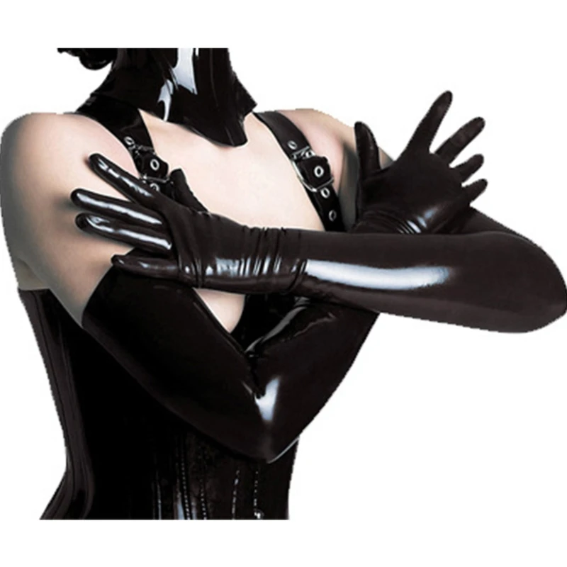 

Women Sexy Elastic Shiny Mid-Upper Arm Length Wet Look Long Black Solid Gloves