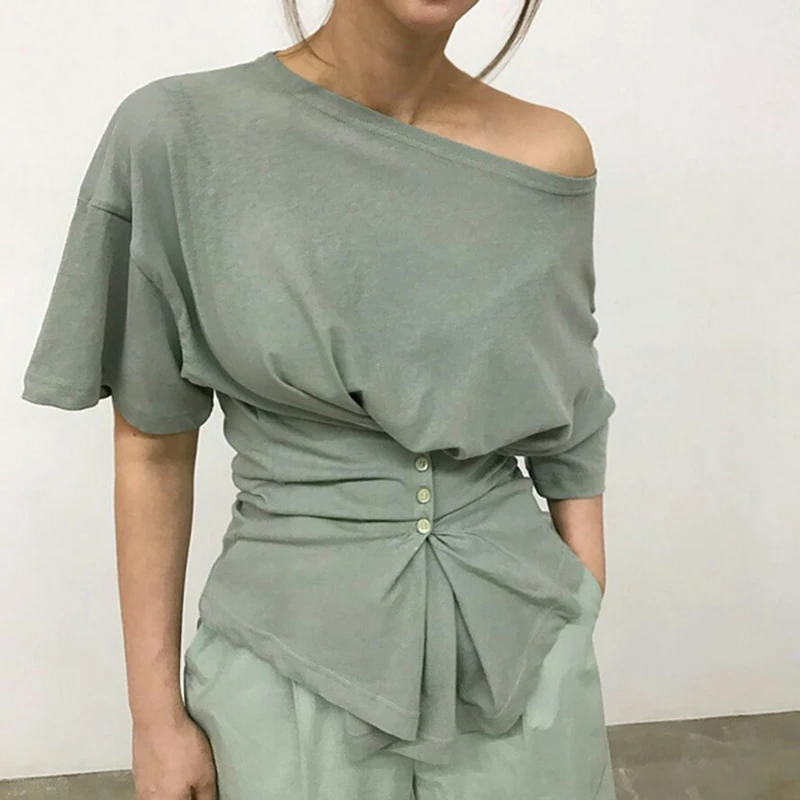 Женская Однотонная футболка с открытыми плечами VGH повседневная Асимметричная