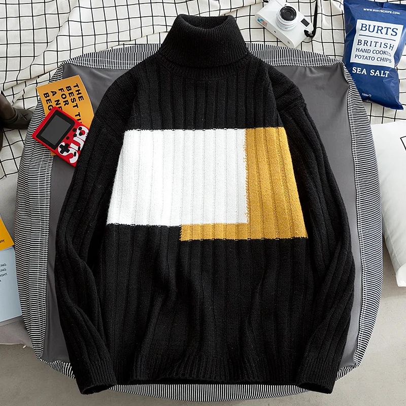 

Мужская зимняя водолазка свободного покроя, повседневные теплые трикотажные пуловеры с геометрическим узором в Корейском стиле, одежда ов...