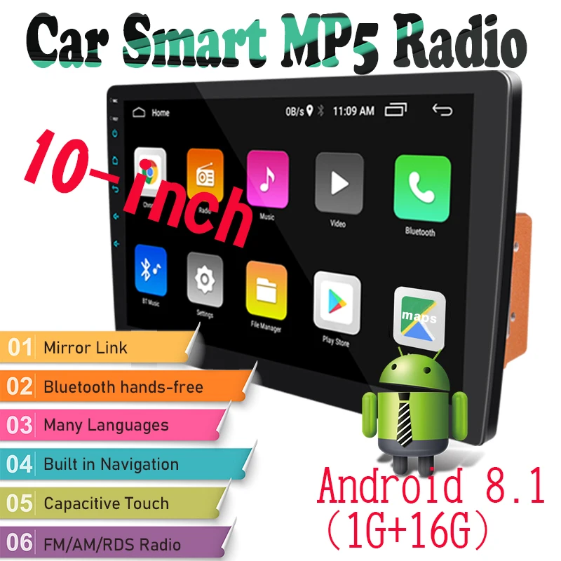 

Автомагнитола 2 DIN Android 8,1 10-дюймовый Bluetooth мультимедийный MP5-плеер Съемная панель емкостный экран WiFi GPS навигация 1 + 16G