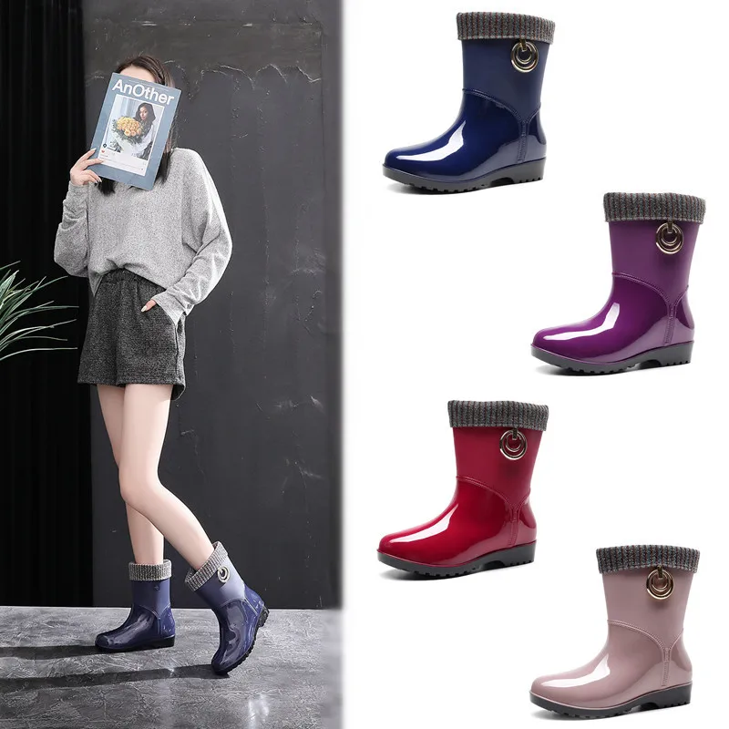 

Warm rain shoes in autumn and winter women's fashion anti-skid water shoes middle tube rain boots fashion rubber shoes thickened