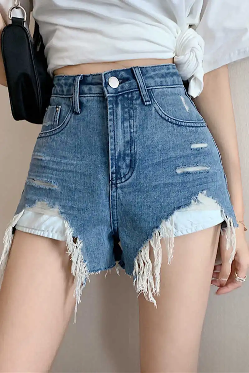 

IEQJ 2021 new summer fashion women clothes high waist tassels broken light blue denim shorts female hots WR10105L