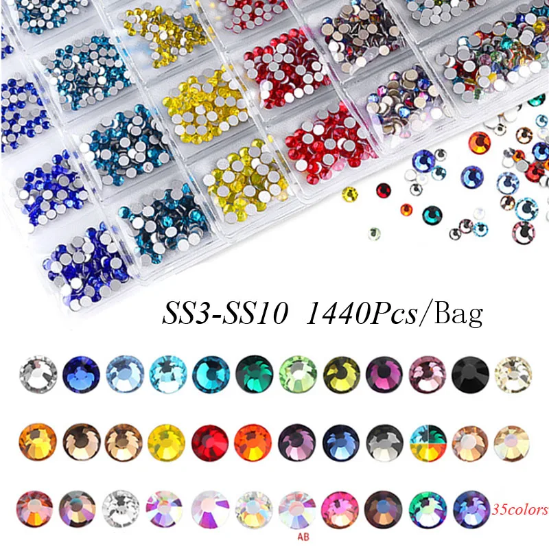 Swarovsky 35 Colors SS3-SS10 1440Pcs  Flatback Charm Glass Gems Diamonds Nail Crystals Nail Art Decoration