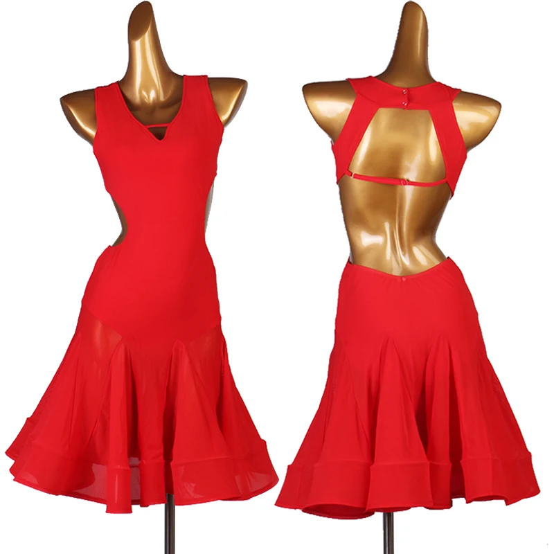 Женское платье для латиноамериканских танцев красное без рукавов с открытой