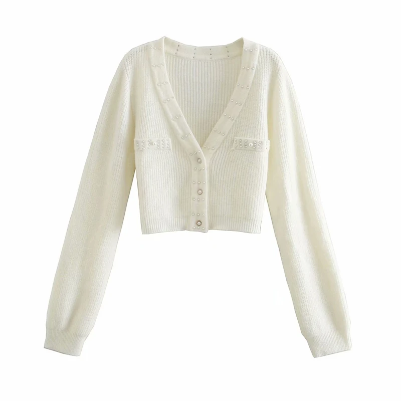 

ZXQJ Elegant Women Pearl Sweater Coats 2021 Fashion Ladies V-Neck Knitted Tops Sweet Female Chic Solid Short Cardigans