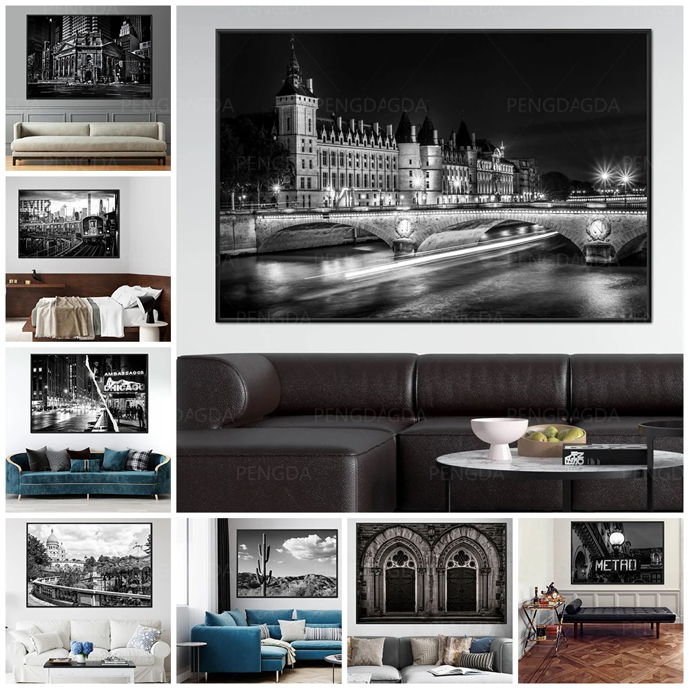 

Wall Art City Buildings Street Scenery Canvas Painting Modular Black White Pictures Frame Home Decor Nordic Living Room Poster