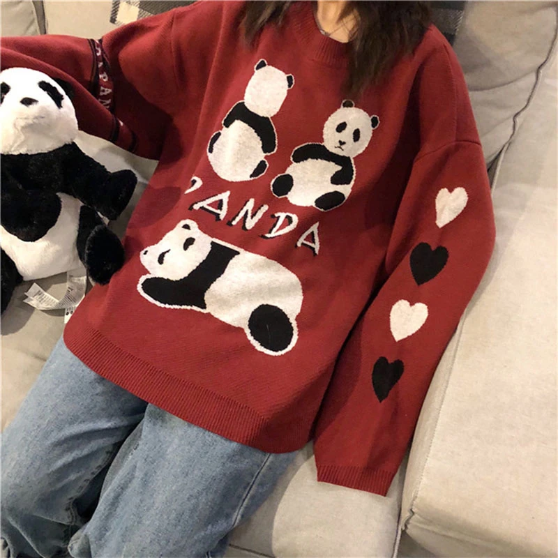 

Cotday Knit O-Neck Korea Style Embroidery Panda Oversize 2020 New Harajuku Loose Casual Autumn Sweet Woman Pullover Sweater