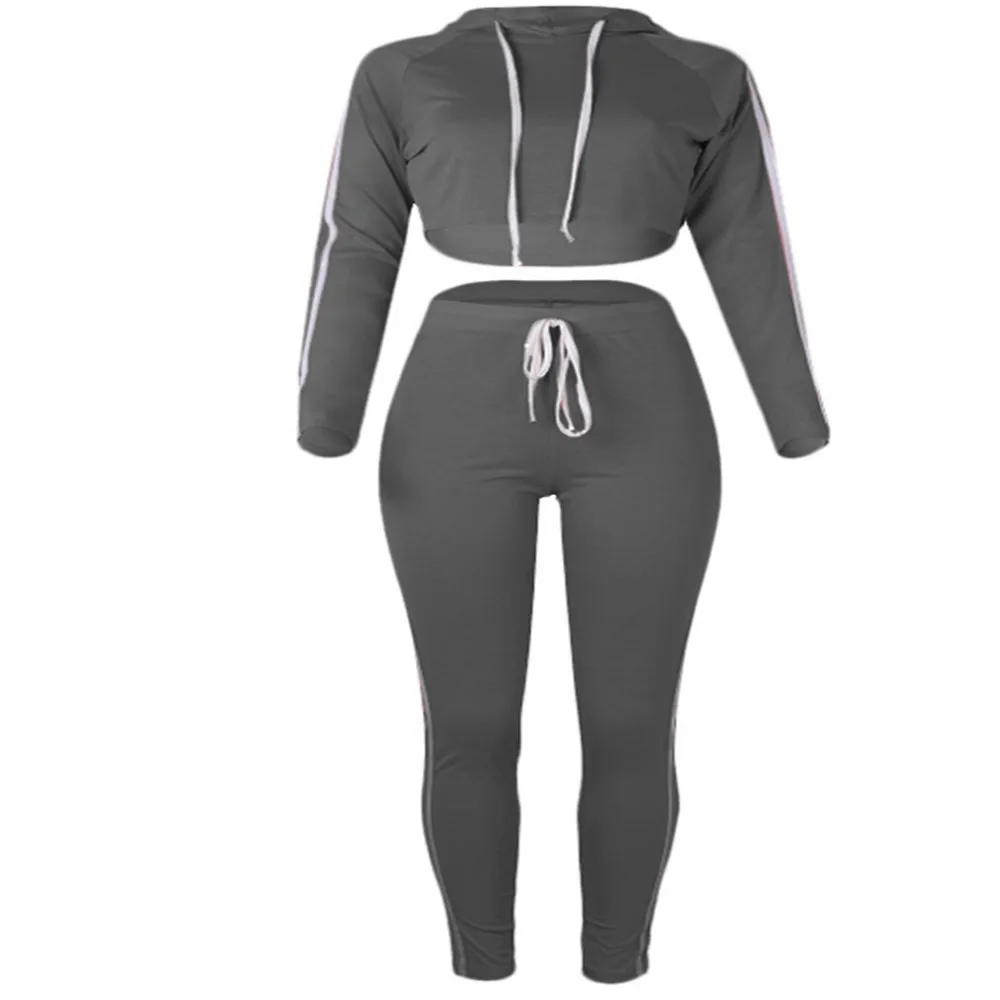 

2020 Women's 2 Piece Outfits Long Sleeve Striped Hoodie Crop Top Drawstring Pants Set Tracksuit Hooded Tee T-shirt Blouse