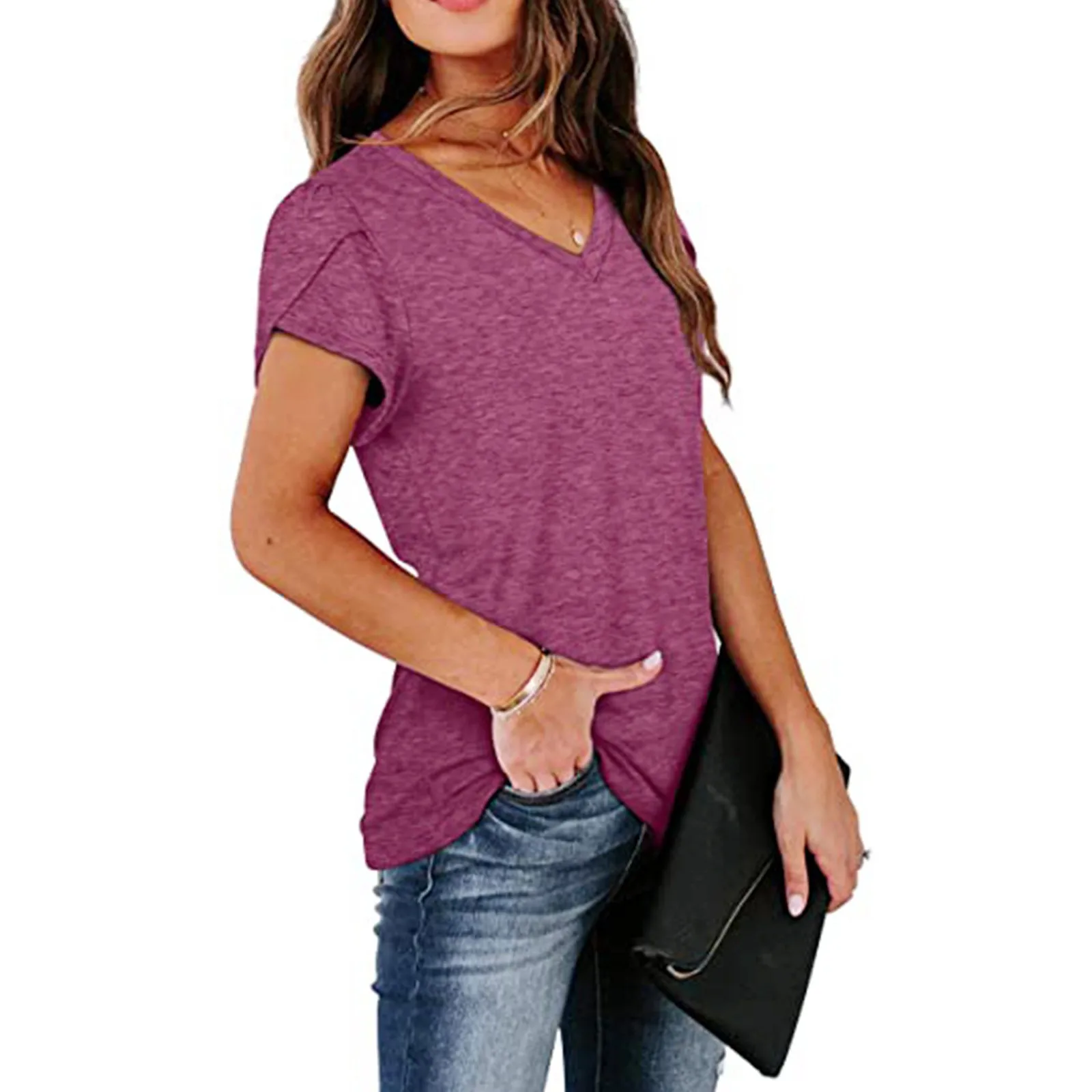 

T-shirt Women Summer 2021 Solid Color Sexy V-Neck Basic Summer Petal Short Sleeve Casual T-shirts camisetas mujer manga corta E1